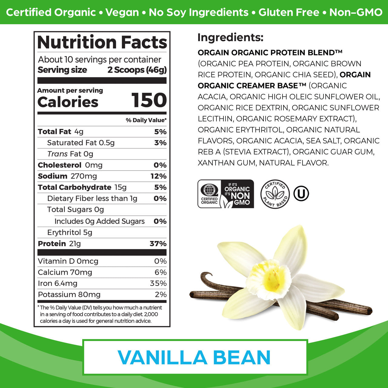 Orgain Organic Plant Based Protein Powder, Sweet Vanilla Bean (1X1.02 Lb  )