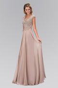 V-Neck Chiffon Floor Length Dress with Jewel Embellished Bodice