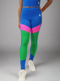 WONKA-43-Női sportleggings – kék, zöld és pink színblokkokkal