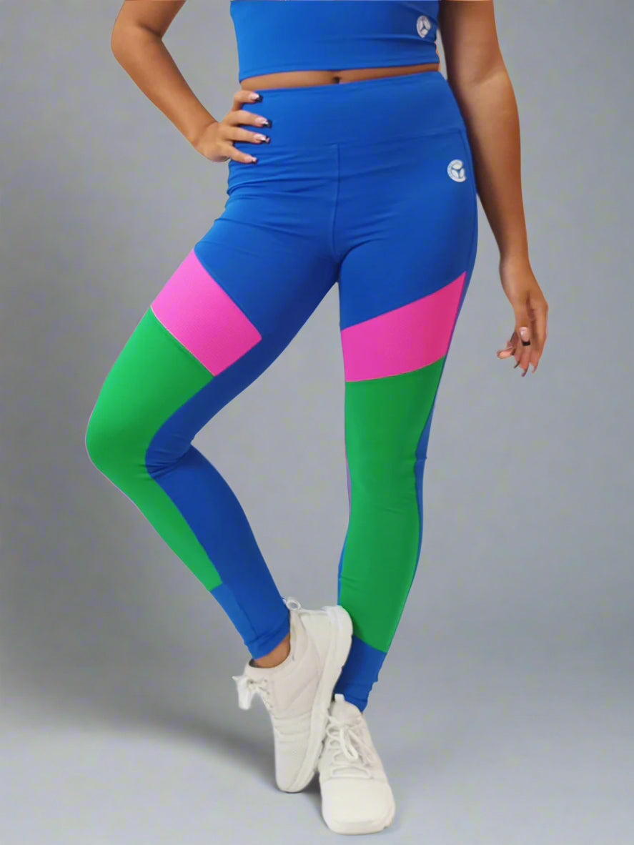 WONKA-43-Női sportleggings – kék, zöld és pink színblokkokkal